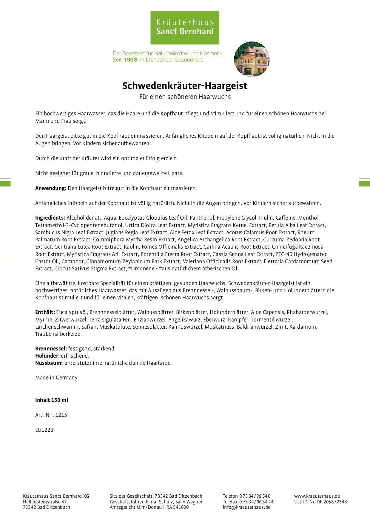 sanct-bernhard-schwedenkr-uter-haargeist-haarwasser-150-ml-brennnessel image 2