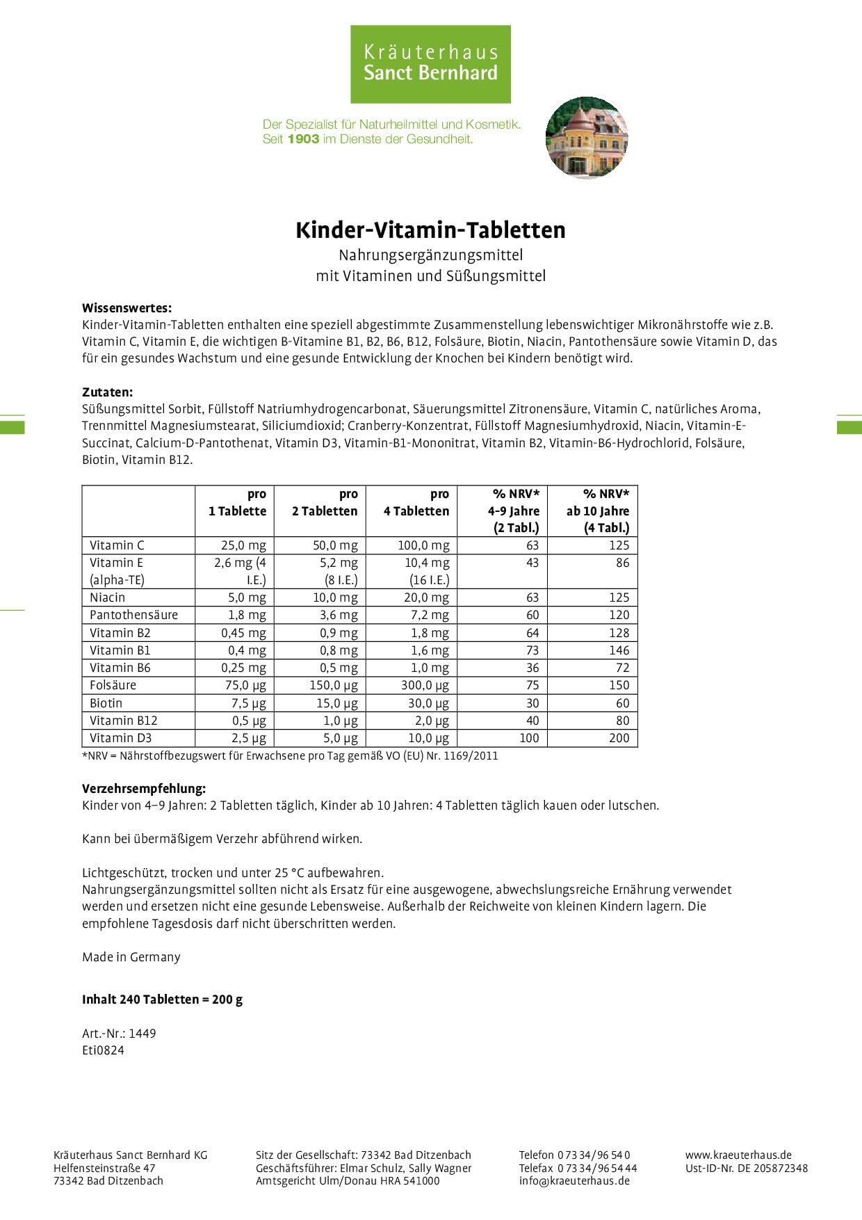 sanct-bernhard-kinder-vitamin-tabletten-240-st-mit-c-d-multivitamin image 2