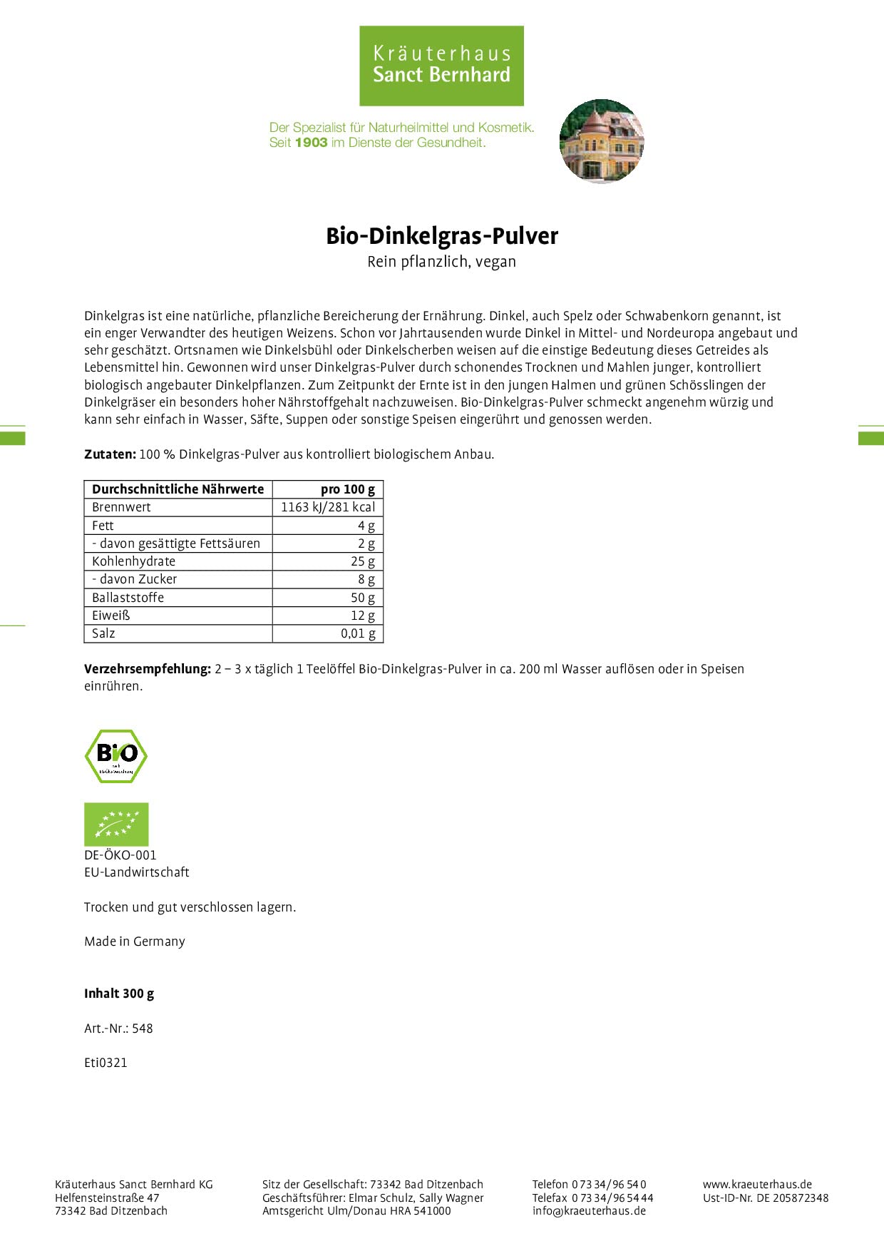 sanct-bernhard-bio-dinkelgras-pulver-300-g-graspulver-bio image 2