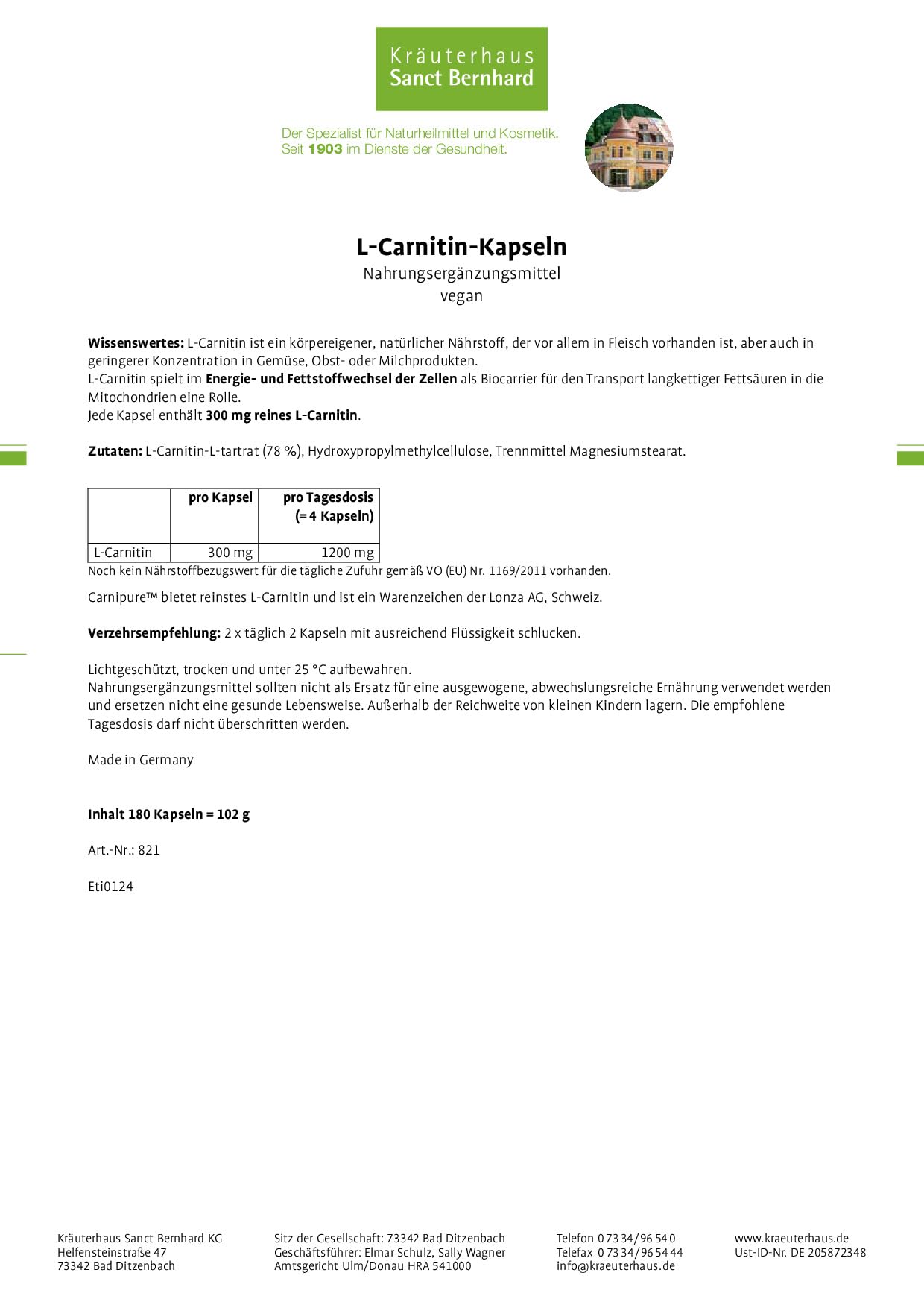 sanct-bernhard-l-carnitin-kapseln-300mg-180-st-vegan image 2