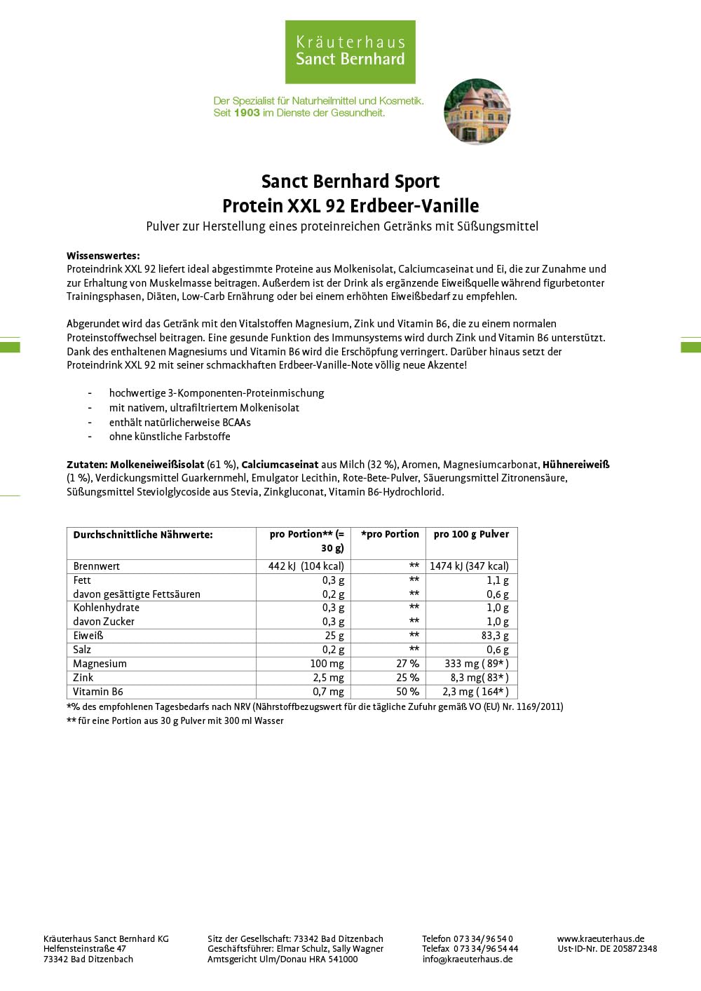 sanct-bernhard-sport-protein-xxl-92-erdbeer-vanille-450-g-proteinpulver image 3