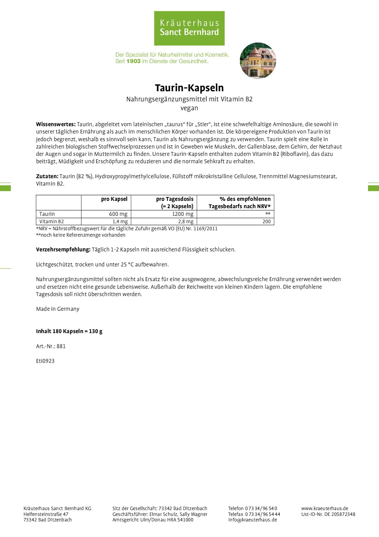 sanct-bernhard-taurin-kapseln-nahrungserg-nzung-180-vegan-mit-b2 image 2