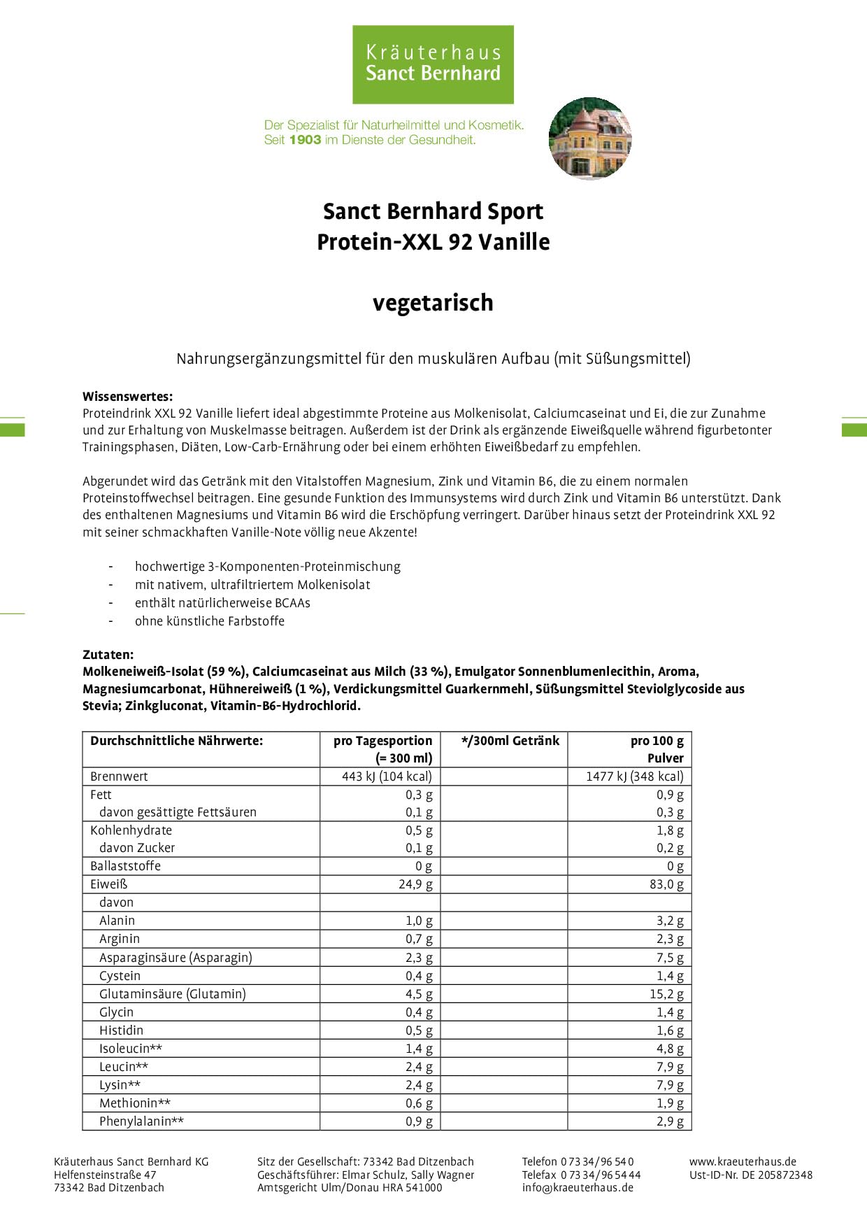 sanct-bernhard-sport-protein-xxl-92-proteinpulver-vanille-450-g image 2