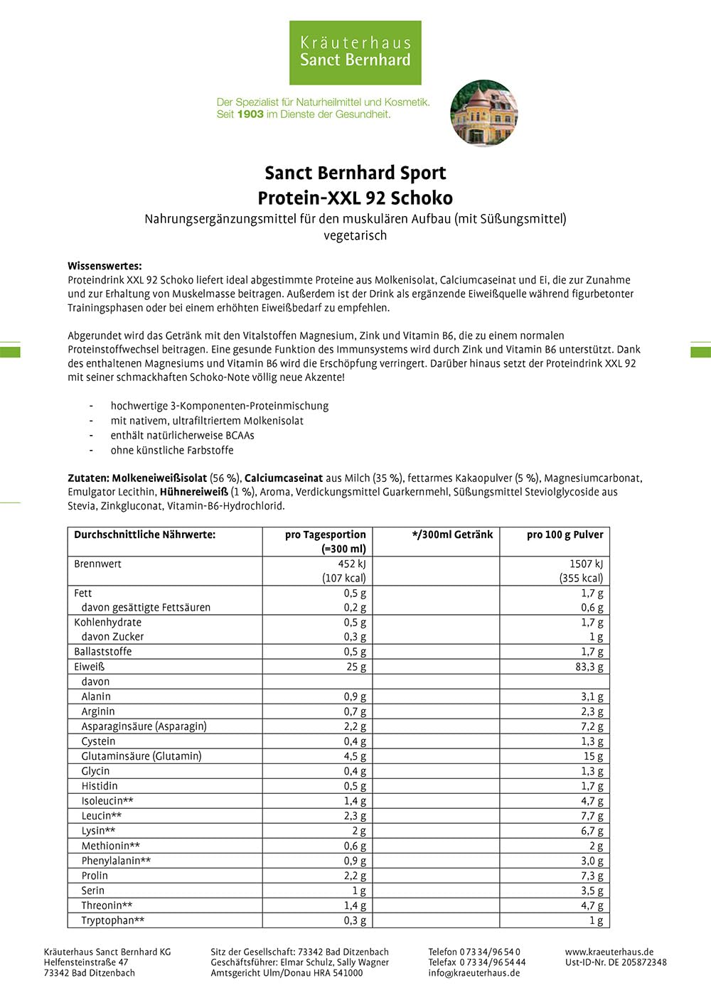 sanct-bernhard-sport-protein-xxl-92-schoko-450-g-pulver image 2
