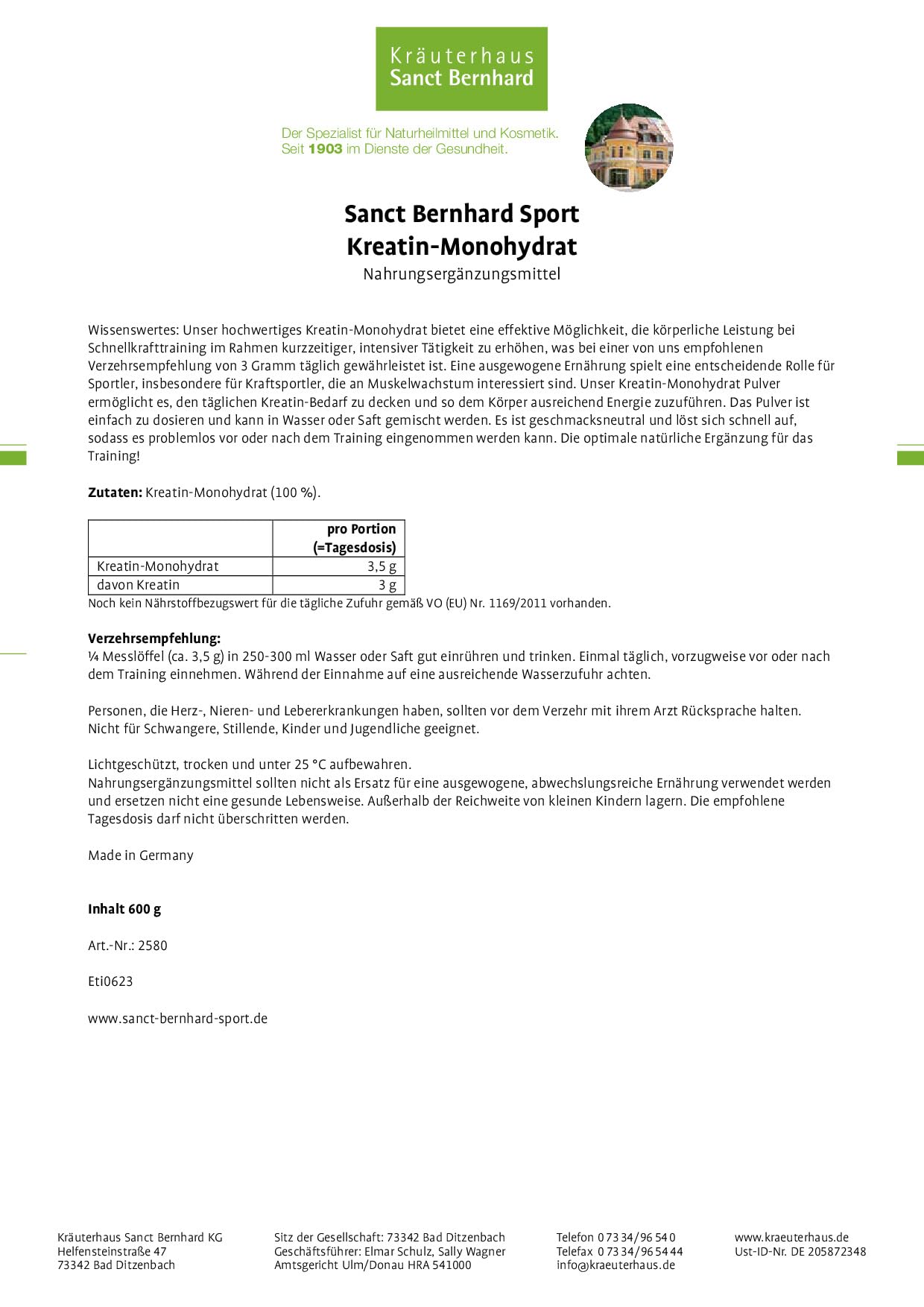 sanct-bernhard-sport-kreatin-monohydrat-pulver-600g-neutral image 4