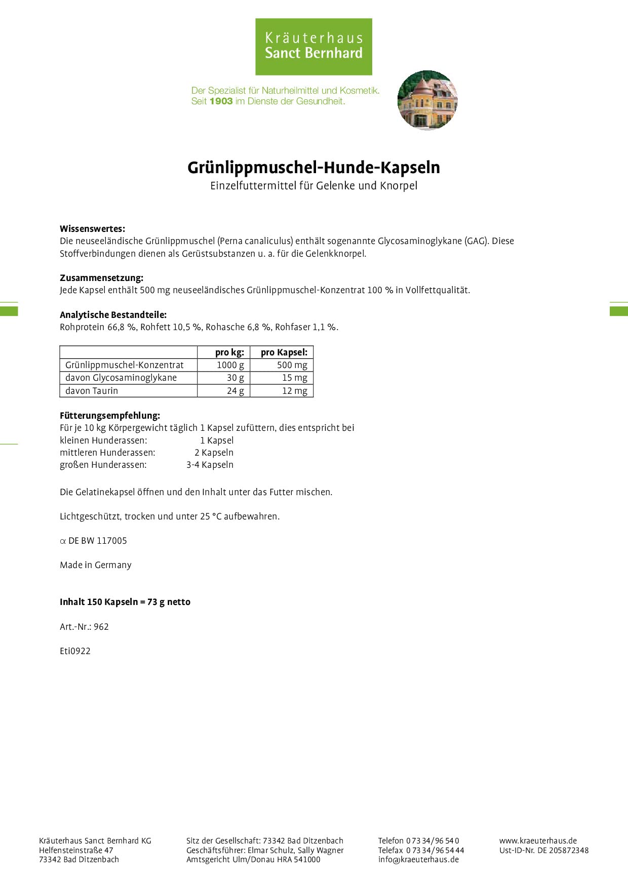 tierlieb-gr-nlippmuschel-hunde-kapseln-150-st-ck-gag image 2