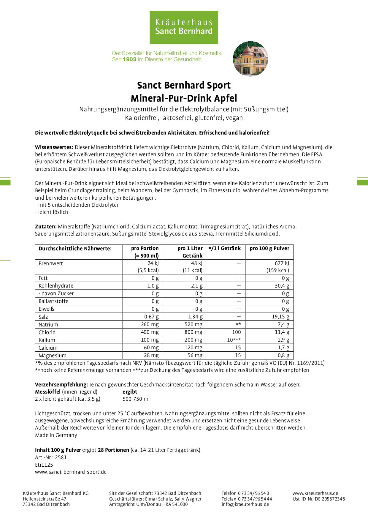 sanct-bernhard-sport-mineral-pur-drink-apfel-100-g-pulver image 2