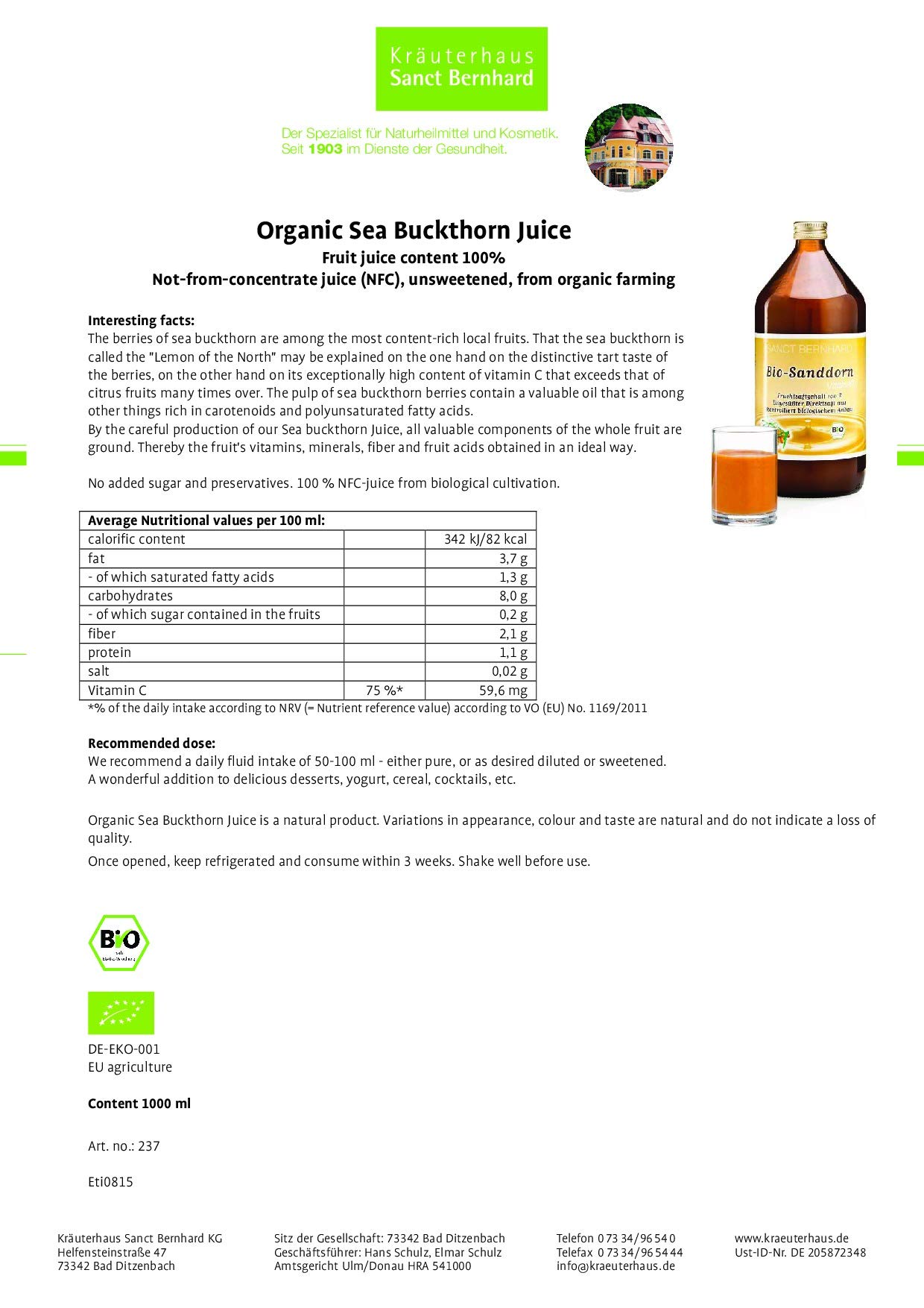 sanct-bernhard-bio-sanddorn-vitalsaft-2x500-ml-vitamin-c image 2