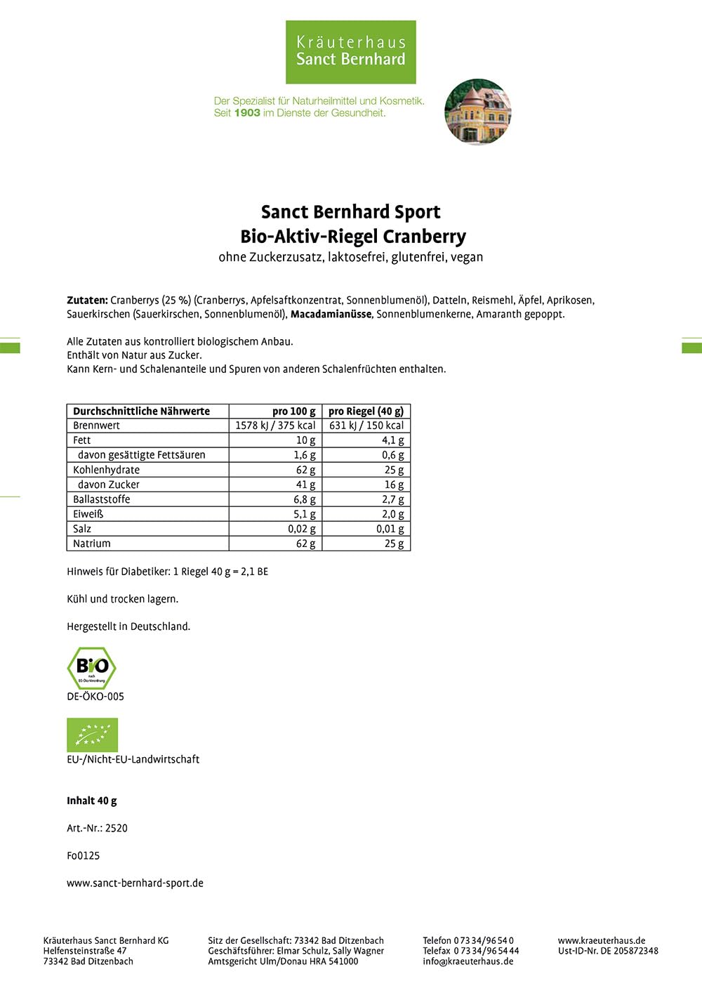 sanct-bernhard-sport-bio-aktiv-riegel-cranberry-11x40-g image 2
